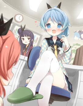 Rule 34 | black bow, blue eyes, blue hair, blue jacket, bow, chair, checkered clothes, checkered jacket, clock, desk, dress, fang, green slippers, hair bow, hair bun, heart, highres, ichiyo12, jacket, long sleeves, nakamachi nua, nakamachi rua, naughty face, necktie, ochikobore fruit tart, on chair, pink hair, ponytail, purple eyes, purple hair, red necktie, sailor collar, sekino chiko, siblings, sitting, skin fang, slippers, smile, sweatdrop, swivel chair, thighhighs, twins, wall clock, white thighhighs, yellow necktie