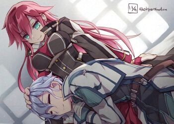 1boy 1girl celis_ortesia coat couple eiyuu_densetsu gloves green_eyes high_collar kuro_no_kiseki_(series) lap_pillow long_hair oigetsudou_(byakuya_yuu) playing_with_another&#039;s_hair red_gloves red_hair resting rion_balthazar simple_background