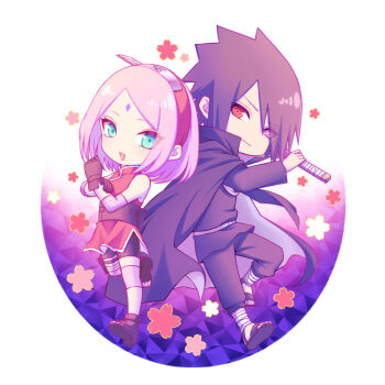 :d bike_shorts black_cloak black_gloves black_hair black_pants black_shirt black_shorts chibi chibi_only clenched_hand cloak closed_mouth dress eyes_visible_through_hair facial_mark forehead_mark forehead_protector full_body gloves green_eyes haruno_sakura heterochromia holding holding_sword holding_weapon konohagakure_symbol looking_at_viewer mochiii-s naruto:_the_last naruto_(series) open-toe_shoes open_mouth pants pink_hair purple_eyes red_dress red_eyes rinnegan sharingan shirt short_hair shorts smile sword uchiha_sasuke weapon