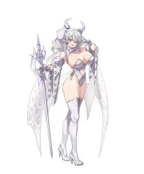 Rule 34 | 1girl, breasts, cleavage, demon girl, demon horns, demon wings, dress, duel monster, ebi bento, full body, gloves, grey eyes, highres, holding, horns, large breasts, leotard, looking at viewer, lovely labrynth of the silver castle, low wings, multiple wings, pointy ears, smile, solo, transparent wings, twintails, white background, white hair, white horns, wings, yu-gi-oh!