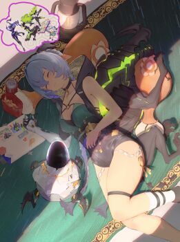 1girl 2others absurdres accessories animal_ears black_horns black_unitard blue_hair book bra braid braided_twintails can closed_eyes closed_mouth commentary commentary_request dreaming earrings english_commentary ethereal_(zenless_zone_zero) food french_fries goat goat_ears goat_girl goat_horns green_bra green_carpet hair_between_eyes highres horns jewelry knee_strap lantern long_hair lucia_elowen lying medallion multiple_others on_side partial_commentary pillow pointy_ears shadow single_bare_shoulder single_sleeve sleeping socks soda taoningtt twintails underwear white_socks zenless_zone_zero