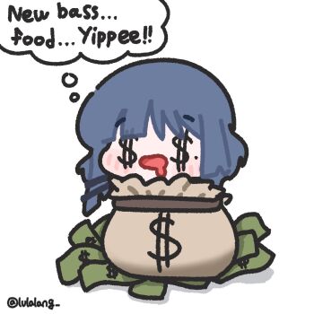 1girl bag banknote blue_hair bocchi_the_rock! chibi chibi_only commentary drooling full_body highres in_bag in_container long_hair lulalang money money-shaped_eyes money_bag mouth_drool open_mouth simple_background solo speech_bubble symbol-only_commentary thought_bubble twitter_username white_background yamada_ryo