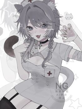 1girl animal_ears black_garter_straps black_thighhighs breasts cat_ears cat_girl cat_tail cipher_(honkai:_star_rail) cleavage commentary_request dress fang garter_straps grey_hair hat highres honkai:_star_rail honkai_(series) large_breasts looking_at_viewer nurse nurse_cap open_mouth paw_pose rurusorachan short_hair_with_long_locks skin_fang solo tail thighhighs thighs white_dress yellow_nails