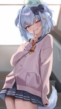 Rule 34 | 1boy, absurdres, black sailor collar, blue hair, blurry, blurry background, bow, cardigan, commentary request, commission, crossdressing, crossdressing (mtf), dog tail, fang, finger to mouth, hair bow, highres, index finger raised, inuyama tamaki, inuyama tamaki (1st costume), male focus, medium hair, miniskirt, noripro, pink cardigan, pleated skirt, sailor collar, school uniform, serafuku, shushing, skeb commission, skin fang, skirt, smile, solo, stairs, tail, trap, two side up, virtual youtuber, yuzuponzu220