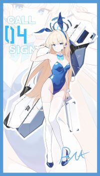 1girl absurdres animal_ears armpits blonde_hair blue_archive blue_eyes blue_hairband blue_halo blue_leotard blue_streaks detached_collar earpiece fake_animal_ears fake_tail hairband halo highleg highleg_leotard highres holding holding_suitcase holding_weapon leotard long_hair official_alternate_costume playboy_bunny rabbit_ears railgun ryua_(user_kedz2257) solo strapless strapless_leotard suitcase tail thighhighs toki_(blue_archive) toki_(bunny)_(blue_archive) weapon white_thighhighs white_wrist_cuffs wrist_cuffs zoom_layer