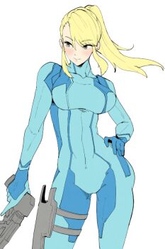 1girl 41_(taskmaster41) blonde_hair blue_bodysuit bodysuit breasts collarbone commentary_request green_eyes gun hand_on_own_hip handgun holding holding_gun holding_weapon holster long_hair looking_to_the_side metroid nintendo ponytail samus_aran sidelocks simple_background solo thigh_holster weapon white_background zero_suit