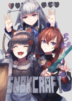 10yen_kabu 3girls :d ^_^ ange_katrina ange_katrina_(1st_costume) animal_ears animal_hair_ornament arrow_(projectile) arrow_in_body blue_eyes blue_neckerchief brown_hair brown_kimono closed_eyes closed_mouth colored_smoke commentary commentary_request crossed_bangs dog_ears english_commentary eyelashes fangs flask flower grey_background grey_hair grey_headdress group_name hair_between_eyes hair_flower hair_intakes hair_ornament hands_up health_bar heart highres holding holding_shield holding_sword holding_weapon inui_toko inui_toko_(1st_costume) japanese_clothes jitome kimono lize_helesta lize_helesta_(1st_costume) long_bangs long_hair long_sleeves lower_teeth_only maid_headdress medium_hair minecraft minecraft_shield minecraft_sword mixed-language_commentary multiple_girls neckerchief nijisanji open_mouth potion purple_eyes red_hair round-bottom_flask sanbaka_(nijisanji) shield skin_fangs smile smoke sword teeth triangle_hair_ornament triangle_mouth virtual_youtuber weapon