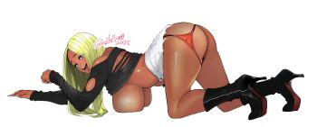 1girl all_fours ass blonde_hair blush boots breasts clothes_lift dark-skinned_female dark_skin denim denim_skirt fake_nails female_pubic_hair fingernails from_side full_body ganguro gyaru hanging_breasts high_heel_boots high_heels highres huge_ass large_breasts lips long_fingernails long_hair long_sleeves looking_at_viewer makeup miniskirt ooshima_ryou open_mouth original panties panty_pull parted_bangs piercing pubic_hair purple_eyes shirt_lift signature skirt smile solo sweat tan thick_thighs thighs thong tongue tongue_out tongue_piercing top-down_bottom-up underwear white_background