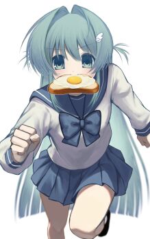 1girl aqua_eyes aqua_hair black_skirt blue_bow blue_sailor_collar blue_wrist_cuffs blurry blush bow bread bread_slice clenched_hands depth_of_field food food_in_mouth fried_egg fried_egg_on_toast hair_between_eyes hair_intakes hair_ornament highres long_hair long_sleeves looking_at_viewer mouth_hold nemu_(zutto_oyasu3) original pleated_skirt running sailor_collar school_uniform serafuku shirt skirt solo sweatdrop toast toast_in_mouth two_side_up white_shirt wing_hair_ornament wrist_cuffs