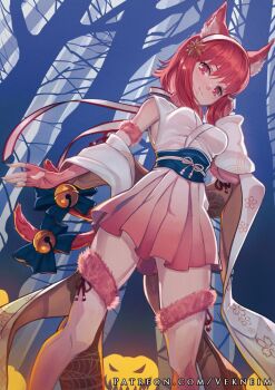 1girl animal_ears bell cat_ears cat_paw cat_tail commentary english_commentary fingerless_gloves fire_emblem fire_emblem_fates fire_emblem_heroes fur-trimmed_thighhighs fur_trim gloves halloween halloween_costume japanese_clothes multiple_tails nekomata nintendo pink_gloves sakura_(fire_emblem) sakura_(gentle_nekomata)_(fire_emblem) tail tail_bell tail_ornament thighhighs two_tails vekneim