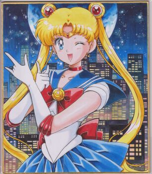 absurdres back_bow bishoujo_senshi_sailor_moon blue_eyes blue_sailor_collar blue_skirt bow bowtie chikoto_(kztc4472) choker circlet cityscape collarbone crescent crescent_earrings double_bun earrings elbow_gloves gem gloves hair_bun hair_ornament highres jewelry lips looking_at_viewer moon one_eye_closed parted_bangs pleated_skirt red_bow red_bowtie red_choker red_gemstone sailor_collar sailor_moon sailor_moon_pose sailor_senshi_uniform shirt skirt smile traditional_media transformation_brooch_(sailor_moon) tsuki_ni_kawatte_oshioki_yo tsukino_usagi twintails white_shirt