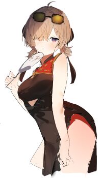 1girl absurdres ahoge black_dress blonde_hair china_dress chinese_clothes commentary_request dress eyewear_on_head hair_over_one_eye hand_fan highres holding holding_fan katata looking_at_viewer partial_commentary pelvic_curtain purple_eyes short_hair simple_background solo sweatdrop sweety_(zenless_zone_zero) twintails white_background zenless_zone_zero