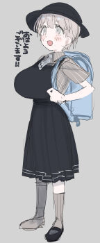 1girl :d absurdres backpack bag black_dress black_hat black_shoes blue_bag blush breasts collared_shirt commentary_request dress eurasia_(wtp09ptw14) full_body grey_background grey_eyes grey_hair grey_necktie grey_shirt hat highres holding_strap large_breasts necktie open_mouth oppai_loli original pinafore_dress randoseru shirt shoes short_hair short_necktie simple_background sleeveless sleeveless_dress smile socks solo standing striped_clothes striped_shirt translation_request vertical-striped_clothes vertical-striped_shirt