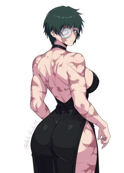 Rule 34 | 1girl, absurdres, ass, backless dress, backless outfit, bandage over one eye, bare back, black choker, black dress, breasts, burn scar, choker, curvy, dress, from behind, glasses, gratam, green hair, highres, huge ass, jujutsu kaisen, large breasts, looking at viewer, muscular, muscular female, scar, scar on face, scars all over, short hair, side slit, sideboob, solo, tight clothes, tight dress, tomboy, too many, twitter username, white background, wide hips, zen'in maki, zen'in maki (post shibuya)