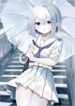 1girl :o absurdres bag bandaid bandaid_on_cheek bandaid_on_face belt belt_buckle blush buckle cloud cloudy_sky grey_hair hair_between_eyes highres holding holding_umbrella neckerchief neku_(neku_draw) original outdoors parted_lips pleated_skirt purple_eyes purple_neckerchief railing rain sailor_collar school_bag school_uniform serafuku shirt skirt sky solo stairs transparent transparent_umbrella umbrella white_belt white_hair white_sailor_collar white_serafuku white_shirt white_skirt