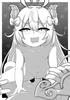 1girl :d abs absurdres akugaki_koa antenna_hair blush border bow collarbone completely_nude cowgirl_position demon_girl demon_horns demon_tail flat_chest furrowed_brow gi0gi0 greyscale hair_between_eyes hair_bow hair_ornament hairclip half-closed_eyes heart_antenna_hair highres horns chromashift loli long_hair looking_at_viewer mesugaki monochrome navel nipples nude open_mouth outside_border penis pov pov_crotch pov_hands sex smile smug squatting star_(symbol) star_symbol_background straddling tail uncensored vaginal very_long_hair virtual_youtuber white_border