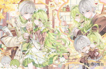 1boy 1girl ^_^ ahoge blue_eyes brown_jacket bubble_tea closed_eyes closed_mouth cup drinking green_eyes green_hair grey_hair holding holding_cup jacket long_hair long_sleeves mihuashi_username multiple_views original pointy_ears short_hair smile watermark xun_xun_xiaolongbao