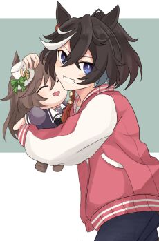 Rule 34 | 1girl, black hair, black pants, blue eyes, character doll, commentary request, cutie (umamusume), doll, grey background, grin, hair between eyes, highres, jacket, katsuragi ace (umamusume), long sleeves, looking at viewer, mr. c.b. (umamusume), multicolored hair, open clothes, open jacket, pants, ponytail, puffy long sleeves, puffy short sleeves, puffy sleeves, red jacket, shirt, short sleeves, smile, solo, streaked hair, two-tone background, umamusume, usako (umauma0602), white background, white hair, white shirt