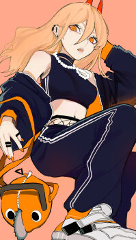 1girl aegyo_sal barbell_piercing black_choker black_jacket blonde_hair brown_background chainsaw chainsaw_man character_doll choker crop_top cross-shaped_pupils doll ear_piercing hair_between_eyes highres horns industrial_piercing jacket jewelry long_hair looking_at_viewer midriff multiple_piercings necklace off_shoulder open_mouth orange_eyes orange_nails pants pearl_necklace piercing pochita_(chainsaw_man) power_(chainsaw_man) red_horns ring sailen0 simple_background sports_bra symbol-shaped_pupils track_pants