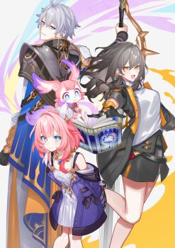 Rule 34 | 1boy, 2girls, abstract background, antenna hair, armor, arms behind back, as i've written (honkai: star rail), bare shoulders, black gloves, black jacket, black skirt, blonde hair, blue cape, blue eyes, book, breasts, cape, closed mouth, commentary request, cyrene (honkai: star rail), cyrene (philia093) (honkai: star rail), dawnmaker (honkai: star rail), diamond-shaped pupils, diamond (shape), dress, feet out of frame, floating, floating object, gloves, grey hair, hair ornament, highres, holding, holding sword, holding weapon, honkai: star rail, honkai (series), itame moyashi, jacket, jewelry, leaning forward, long hair, looking at viewer, looking back, medium breasts, medium hair, mem (honkai: star rail), multiple girls, necklace, open book, open mouth, outstretched arm, pauldrons, phainon (honkai: star rail), pink hair, pink pupils, planted, planted sword, planted weapon, purple jacket, shirt, short hair, shoulder armor, single pauldron, skirt, small breasts, smile, standing, standing on one leg, stelle (honkai: star rail), sword, symbol-shaped pupils, trailblazer (honkai: star rail), weapon, white dress, white hair, white shirt, yellow pupils