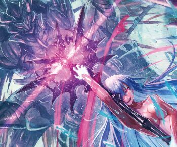 1girl arm_up armpits aura blue_hair censored convenient_censoring dripping fantasy glowing glowing_staff hair_over_one_eye highres holding holding_staff kuroi_susumu lens_flare liquid long_hair magic censored_nipples nude original purple_eyes sharp_teeth slit_pupils smile staff summoning teeth tongue upper_body veins wet witch