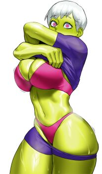 1girl absurdres blush bra breasts caught cheelai cleavage clothes_lift clothes_pull colored_skin commentary constricted_pupils covered_mouth curvy dragon_ball dragon_ball_super dragon_ball_super_broly green_skin highleg highleg_panties highres large_breasts lifting_own_clothes looking_at_viewer navel open_mouth panties pink_bra pink_eyes pink_panties purple_shirt purple_shorts shirt shirt_lift short_hair short_sleeves shorts shorts_pull solo standing surprised sweat thick_thighs thighs thong toned underwear undressing white_background white_hair wide-eyed wide_hips