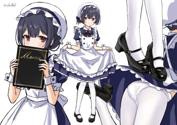 1girl alternate_costume apron ass black_footwear black_hair blue_dress blush brown_eyes closed_mouth commentary_request covered_mouth dress eluthel enmaided frilled_apron frills hair_between_eyes hair_bun hat high_heels highres holding idolmaster idolmaster_shiny_colors leaning_forward maid mary_janes menu mob_cap morino_rinze multiple_views panties panties_under_pantyhose pantyhose puffy_short_sleeves puffy_sleeves shoes short_sleeves simple_background single_hair_bun smile twitter_username underwear white_apron white_background white_headwear white_pantyhose wrist_cuffs