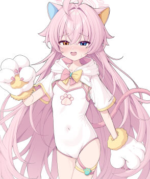 1girl ahoge animal_ears animal_hands blue_archive blue_eyes blush cat_ears commentary gloves halo heterochromia highres hoshino_(blue_archive) long_hair metaljelly paw_gloves pink_hair simple_background solo symbol-only_commentary white_background