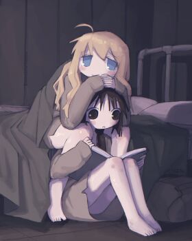 Rule 34 | 2girls, backpack, bag, barefoot, bed, bed sheet, between legs, black eyes, black hair, blonde hair, blue eyes, blush, book, chito (shoujo shuumatsu ryokou), cuddling, hands on another's head, highres, holding, holding book, indoors, kurohanenone, light smile, long hair, low twintails, military uniform, multiple girls, no pants, on bed, on floor, own hands clasped, own hands together, pillow, reading, shoujo shuumatsu ryokou, twintails, yuuri (shoujo shuumatsu ryokou)