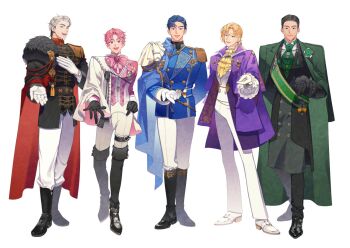 5boys ascot bamby_(plave) black_coat black_gloves black_hair black_jacket black_pants blonde_hair blue_eyes blue_hair blue_jacket bow cape closed_mouth coat coat_on_shoulders eunho_(plave) full_body fur-trimmed_jacket fur_trim gloves green_coat green_necktie grey_hair hair_slicked_back hamin_(plave) hand_on_own_chest high_collar jacket korean_commentary male_focus mjm4752 multiple_boys necktie noah_(plave) open_mouth outstretched_arm pants pants_tucked_in parted_bangs pink_bow pink_eyes pink_hair plave purple_coat red_cape red_eyes short_hair smile white_gloves white_pants yejun_(plave) yellow_ascot