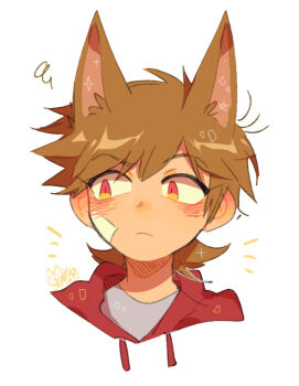 1boy ^^^ animal_ears animification bandage_on_face bandages brown_hair cat_ears commentary cropped_shoulders drawstring eddsworld english_commentary extra_ears grey_shirt hood hood_down hoodie kemonomimi_mode male_focus molechan red_eyes red_hoodie shirt short_hair signature simple_background solo tord_(eddsworld) white_background