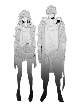 1boy 1girl arm_ribbon belt boots caelus_(honkai:_star_rail) closed_mouth coat collarbone commentary_request dual_persona fingerless_gloves full_body gloves greyscale hair_between_eyes half-closed_eyes honkai:_star_rail honkai_(series) hood hooded_coat jacket lapels long_hair long_sleeves looking_at_viewer miniskirt monochrome okktru open_clothes open_coat open_jacket pants ribbon shirt short_hair sidelocks simple_background skirt stelle_(honkai:_star_rail) t-shirt thigh_strap trailblazer_(honkai:_star_rail) two-sided_coat two-sided_fabric v-shaped_eyebrows