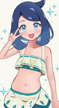 1girl :d blue_eyes blush bubble collarbone commentary_request cowlick hand_up happy highres liko_(pokemon) melili navel nintendo open_mouth pokemon pokemon_(anime) pokemon_horizons smile solo sparkle swimsuit v white_background