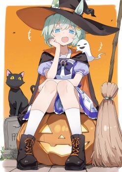 1girl animal animal_ears aqua_hair black_cape black_hat blue_eyes broom cape cat commentary_request ears_through_headwear ghost grave halloween hat highres horse_ears horse_girl jack-o&#039;-lantern looking_at_viewer open_mouth orange_background school_uniform seiun_sky_(umamusume) short_sleeves sitting skirt socks solo totomono tracen_school_uniform umamusume white_skirt white_socks witch_hat