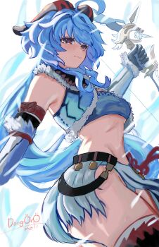 1girl absurdres ahoge alternate_costume amos&#039;_bow_(genshin_impact) arm_armor bandeau black_gloves blue_bandeau blue_hair bow_(weapon) breasts closed_mouth commentary_request cowboy_shot cropped_jacket crossover cryokinesis dang0r0moti floating_hair fur-trimmed_jacket fur_trim ganyu_(genshin_impact) genshin_impact gloves goat_horns highres holding holding_bow_(weapon) holding_weapon horns jacket kirin_(armor) long_hair looking_at_viewer medium_breasts midriff monster_hunter_(series) navel purple_eyes simple_background skirt solo twisted_torso very_long_hair wavy_mouth weapon white_background