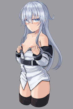 blue_eyes blush breasts flat_chest grey_background hair_between_eyes half-closed_eyes hibiki_(kancolle) highres jitome kantai_collection long_hair looking_at_viewer self_exposure senekio silver_hair simple_background small_breasts solo thighhighs thighs verniy_(kancolle) very_long_hair