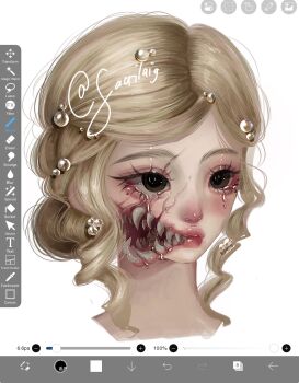 1girl aegyo_sal art_program_in_frame black_eyes blonde_hair body_horror commentary crying crying_with_eyes_open curly_hair earrings english_commentary glasgow_smile highres jewelry long_hair monster_girl original pearl_hair_ornament portrait sacrilaig screencap sidelocks solo tears