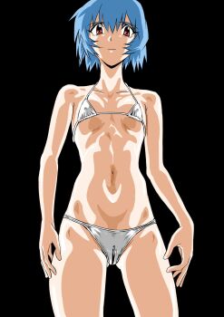 ayanami_rei bikini blue_hair breasts cameltoe highres looking_at_viewer low_angle micro_bikini neon_genesis_evangelion red_eyes short_hair small_breasts swimsuit white_bikini yuutaku
