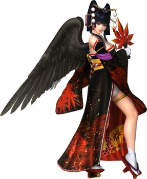 Rule 34 | 1girl, 3d, black hair, black kimono, black wings, blunt bangs, breasts, cleavage, dead or alive, dead or alive 5, feathered wings, full body, geta, hand fan, holding, holding fan, japanese clothes, kimono, looking at viewer, mole, mole under mouth, nyotengu, official art, simple background, solo, tabi, wings