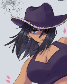 1boy 1girl black_hair blue_eyes blunt_bangs closed_mouth commentary cowboy_hat earrings food hat highres holding holding_food jewelry meat medium_hair monkey_d._luffy nico_robin oestart one_piece petals pink_petals purple_hat