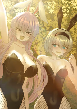 &gt;_&lt; 2girls @_@ absurdres animal_ears arm_up black_hairband black_leotard blue_eyes breast_envy breasts cleavage closed_eyes covered_navel fishnet_pantyhose fishnets grey_hair hairband highres konpaku_youmu large_breasts leotard looking_at_another medium_breasts multiple_girls open_mouth pantyhose playboy_bunny rabbit_ears rabbit_girl reisen_udongein_inaba short_hair tofuandsoup touhou upper_body