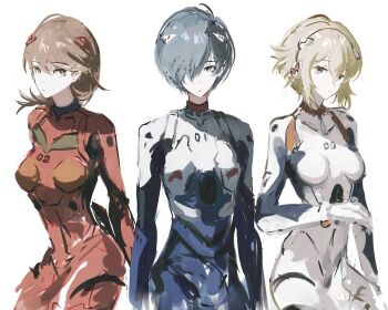 1boy 2girls aigis_(persona) ayanami_rei ayanami_rei_(cosplay) blonde_hair blue_eyes blue_hair bodysuit breasts brown_eyes brown_hair closed_mouth commentary_request cosplay cowboy_shot flipped_hair hair_between_eyes hair_over_one_eye highres ikari_shinji ikari_shinji_(cosplay) k1kiwa light_frown looking_at_viewer mecha_pilot_suit medium_breasts multiple_girls neon_genesis_evangelion persona persona_3 plugsuit_(evangelion) red_bodysuit short_hair sidelocks simple_background souryuu_asuka_langley souryuu_asuka_langley_(cosplay) takeba_yukari white_background yuuki_makoto_(persona_3)