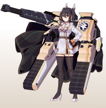 1girl belt black_gloves black_hair black_thighhighs breasts cannon cape caterpillar_tracks coat command_&amp;_conquer command_&amp;_conquer:_tiberium_wars ddt_(darktrident) emblem female_focus full_body garter_straps gloves gradient_background green_eyes hair_between_eyes hand_on_own_hip headgear high_heels highres long_hair long_sleeves looking_at_viewer machinery mbt-6_predator_(ddt_(darktrident)) mecha_musume medium_breasts military military_uniform personification solo standing thighhighs twintails undershirt white_coat white_footwear zettai_ryouiki