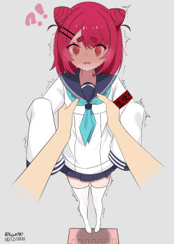 !? 1boy 1girl @_@ artist_name blue_neckerchief blue_sailor_collar blue_skirt blush carrying confused cowlick dated disembodied_hand dot_nose embarrassed fang flat_chest full-face_blush full_body grey_background hair_horns hands_up loli looking_at_viewer matching_hair/eyes medium_hair motion_lines neckerchief nekoyamada_neko nervous nervous_sweating parted_lips pov pov_hands red_eyes red_hair sailor_collar school_uniform shikanoko_nokonoko_koshitantan shirt short_eyebrows simple_background skin_fang skindentation skirt sleeves_past_fingers sleeves_past_wrists solo_focus sweat thick_eyebrows thighhighs trembling white_shirt white_thighhighs yujuki