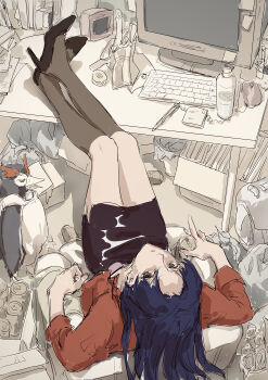 1girl absurdres beer_can bird black_shoes black_socks blue_hair can commentary computer drink_can feet_on_table from_above full_body fuyumori highres jacket katsuragi_misato kneehighs long_hair looking_at_viewer messy_room neon_genesis_evangelion penguin penpen red_jacket shoes sitting sketch skirt socks solo sticky_note