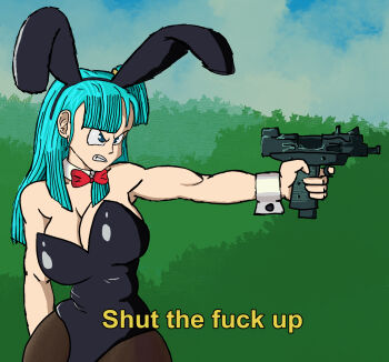 1girl ass blue_eyes blue_hair bulma closed_mouth commentary dragon_ball english_commentary english_text female_focus gun holding holding_weapon long_hair pissed_off rabbit rabbit_ears rabbit_tail source_request submachine_gun thick_female thick_thighs thighs uzi weapon
