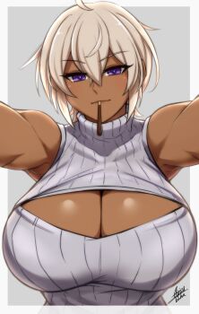 1girl absurdres ahoge airisubaka armpits artist_name bare_arms bare_shoulders blonde_hair breasts cleavage cleavage_cutout clothing_cutout commentary dark-skinned_female dark_skin food food_in_mouth grey_background hair_between_eyes highres huge_breasts incoming_pocky_kiss leona_(airisubaka) light_smile mouth_hold original pocky pocky_day pocky_in_mouth purple_eyes reaching reaching_towards_viewer ribbed_sweater short_hair signature simple_background solo sweater turtleneck turtleneck_sweater upper_body white_sweater