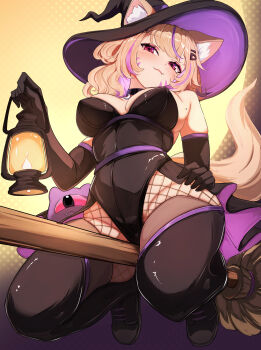 1girl :3 absurdres alheitrakzoth animal_ear_fluff animal_ears black_gloves black_hat black_leotard black_thighhighs blonde_hair breasts broom broom_riding cat_ears cat_girl cat_tail colored_inner_hair ears_through_headwear elbow_gloves facial_mark fishnet_pantyhose fishnets gloves hand_on_own_hip hat highleg highleg_leotard highres indie_virtual_youtuber lantern leotard long_hair looking_at_viewer medium_breasts multicolored_hair pantyhose psypolo_d purple_hair purple_hat red_eyes second-party_source shyrei_faolan streaked_hair tail thighhighs two-tone_headwear virtual_youtuber whisker_markings witch witch_hat