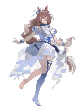 1girl ai-wa animal_ears bag between_breasts black_boots blue_bag blue_dress blue_eyes blush boots bow braid braided_ponytail breasts brown_hair dress ear_bow full_body hair_between_eyes high_heel_boots high_heels highres horse_ears horse_girl horse_tail large_breasts long_hair looking_at_viewer multicolored_hair open_mouth short_dress shoulder_bag simple_background single_bare_foot single_boot single_thigh_boot smile solo strap_between_breasts streaked_hair super_creek_(murmuring_stream)_(umamusume) super_creek_(umamusume) tail thigh_boots umamusume very_long_hair white_background white_hair wrist_cuffs