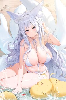 1girl absurdres ahoge animal_ear_fluff animal_ears arm_support arm_up armpits azur_lane baby_animal bare_arms bare_shoulders beach between_breasts bikini bird blunt_bangs breasts chick choker cleavage closed_mouth collarbone commentary_request day fox_ears fox_girl fox_tail frilled_bikini frills halterneck hand_in_own_hair highres kitsune large_breasts long_hair looking_at_viewer manjuu_(azur_lane) mole mole_under_eye multiple_tails navel ocean official_alternate_costume outdoors purple_eyes ribbon_choker runa_(user_guwn7382) shell shinano_(azur_lane) shinano_(dreamy_white_sands)_(azur_lane) sidelocks sitting skindentation smile solo stomach string_bikini swimsuit tail thighs very_long_hair white_bikini white_choker white_hair yokozuwari